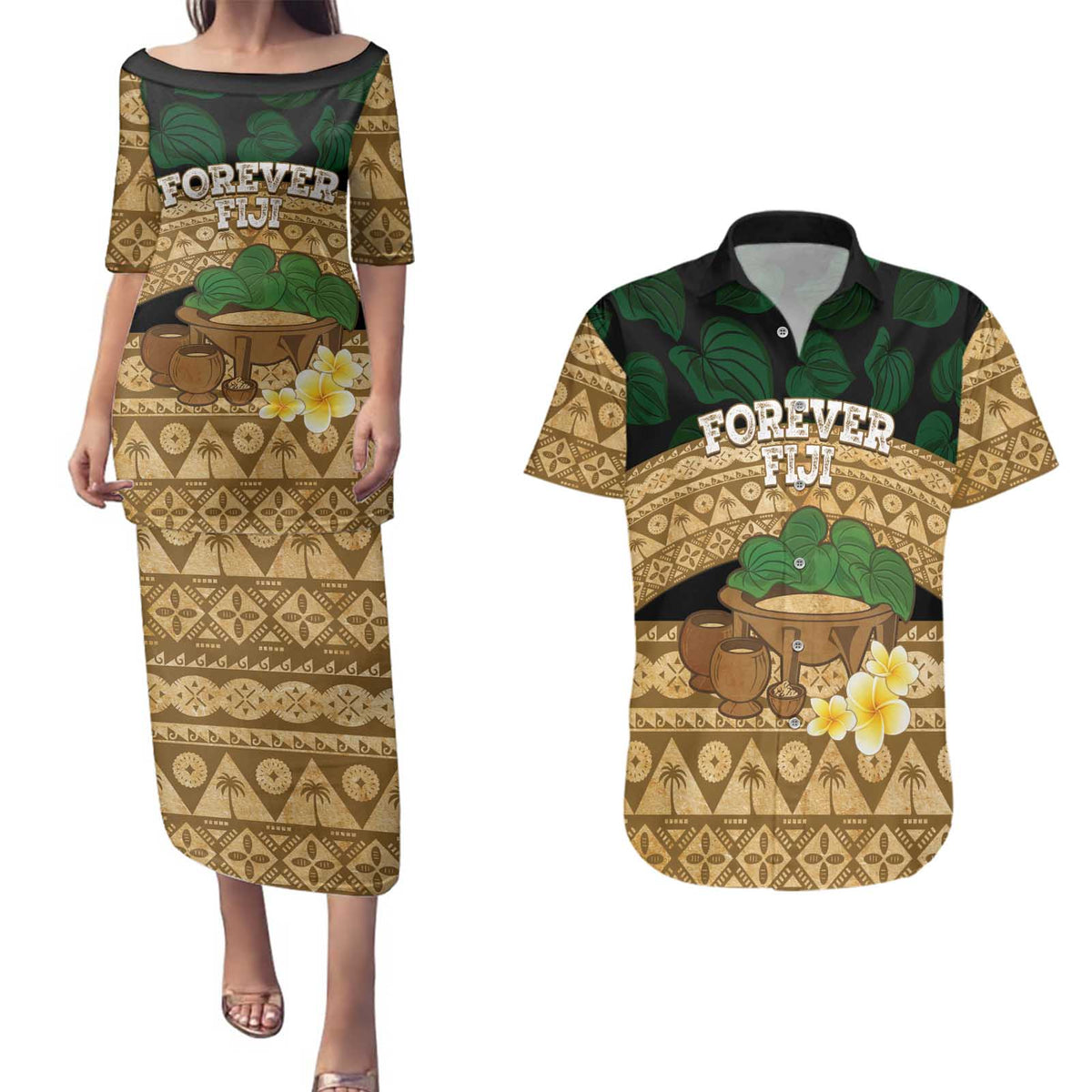 Bula Fiji Kava Bowl Couples Matching Puletasi and Hawaiian Shirt Fijian Tapa Cloth Vintage Vibe LT14 Brown - Polynesian Pride