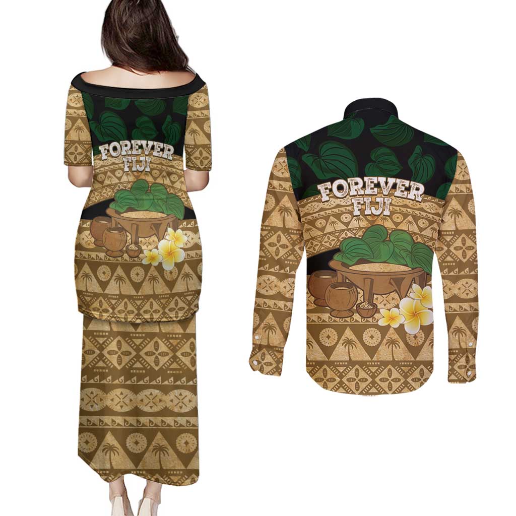 Bula Fiji Kava Bowl Couples Matching Puletasi and Long Sleeve Button Shirt Fijian Tapa Cloth Vintage Vibe LT14 - Polynesian Pride