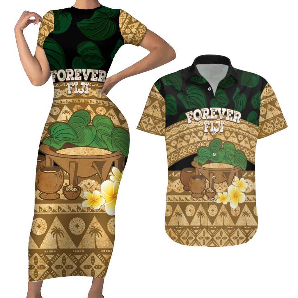Bula Fiji Kava Bowl Couples Matching Short Sleeve Bodycon Dress and Hawaiian Shirt Fijian Tapa Cloth Vintage Vibe LT14 Brown - Polynesian Pride