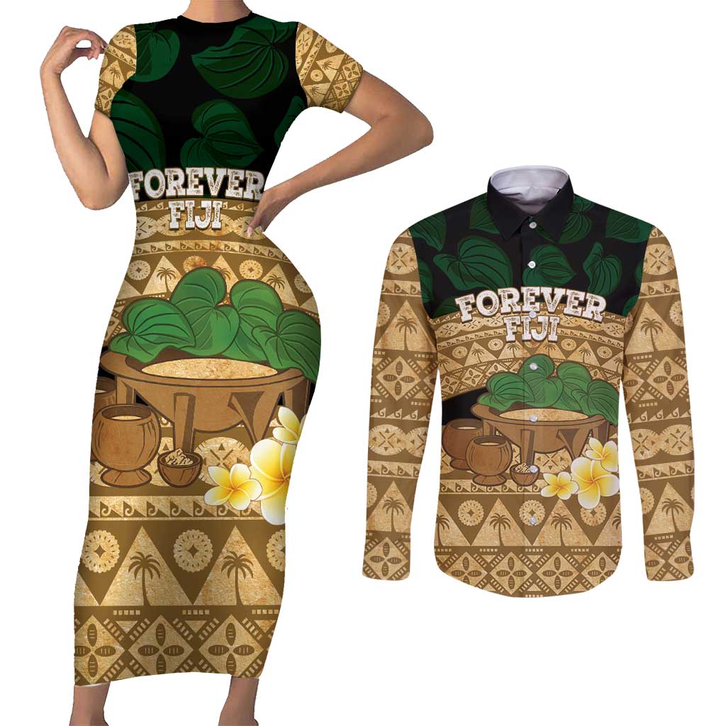 Bula Fiji Kava Bowl Couples Matching Short Sleeve Bodycon Dress and Long Sleeve Button Shirt Fijian Tapa Cloth Vintage Vibe LT14 Brown - Polynesian Pride