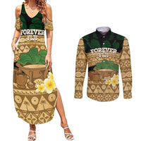 Bula Fiji Kava Bowl Couples Matching Summer Maxi Dress and Long Sleeve Button Shirt Fijian Tapa Cloth Vintage Vibe LT14 Brown - Polynesian Pride