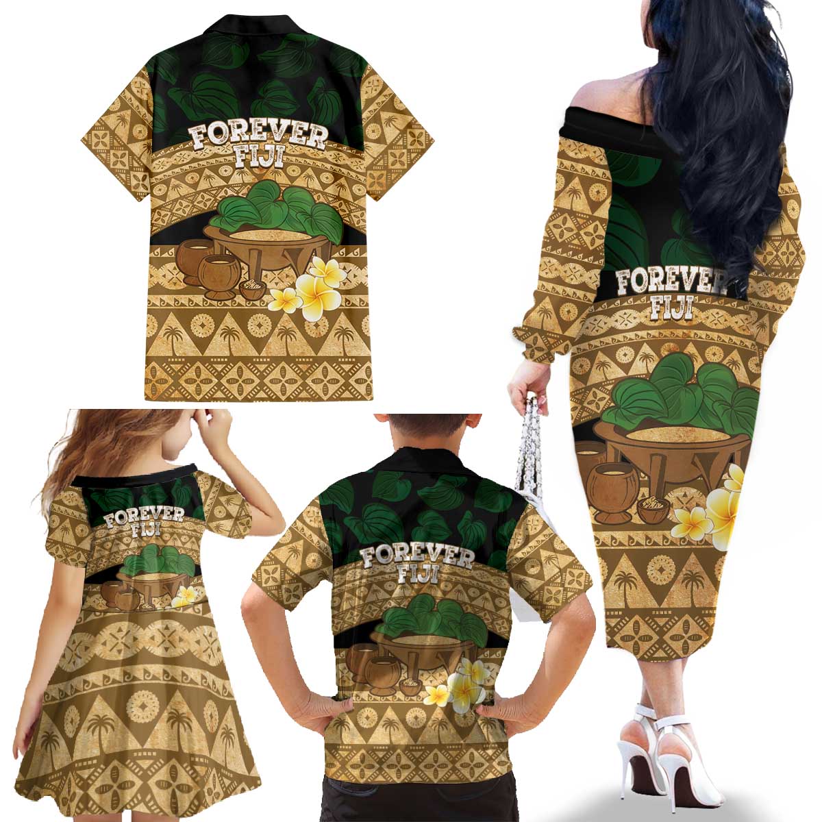 Bula Fiji Kava Bowl Family Matching Off The Shoulder Long Sleeve Dress and Hawaiian Shirt Fijian Tapa Cloth Vintage Vibe LT14 - Polynesian Pride