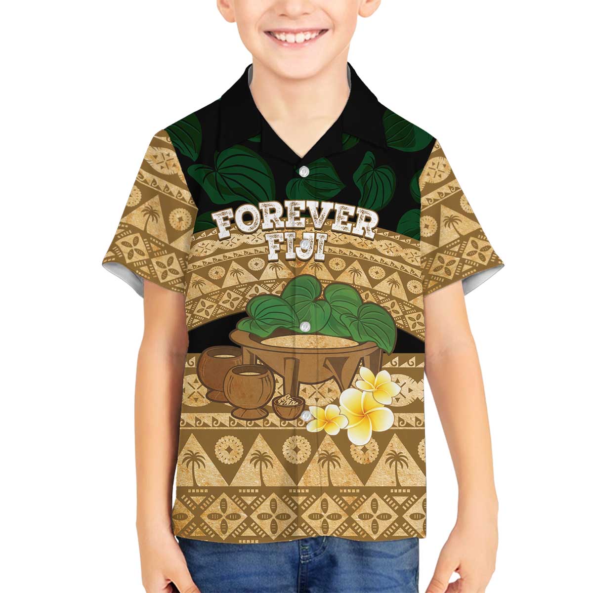 Bula Fiji Kava Bowl Family Matching Off The Shoulder Long Sleeve Dress and Hawaiian Shirt Fijian Tapa Cloth Vintage Vibe LT14 Son's Shirt Brown - Polynesian Pride