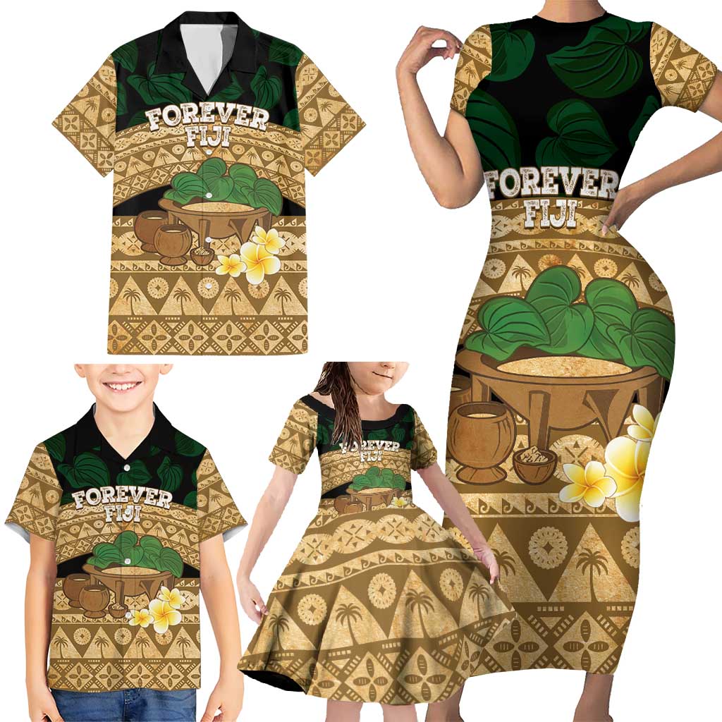 Bula Fiji Kava Bowl Family Matching Short Sleeve Bodycon Dress and Hawaiian Shirt Fijian Tapa Cloth Vintage Vibe LT14 - Polynesian Pride