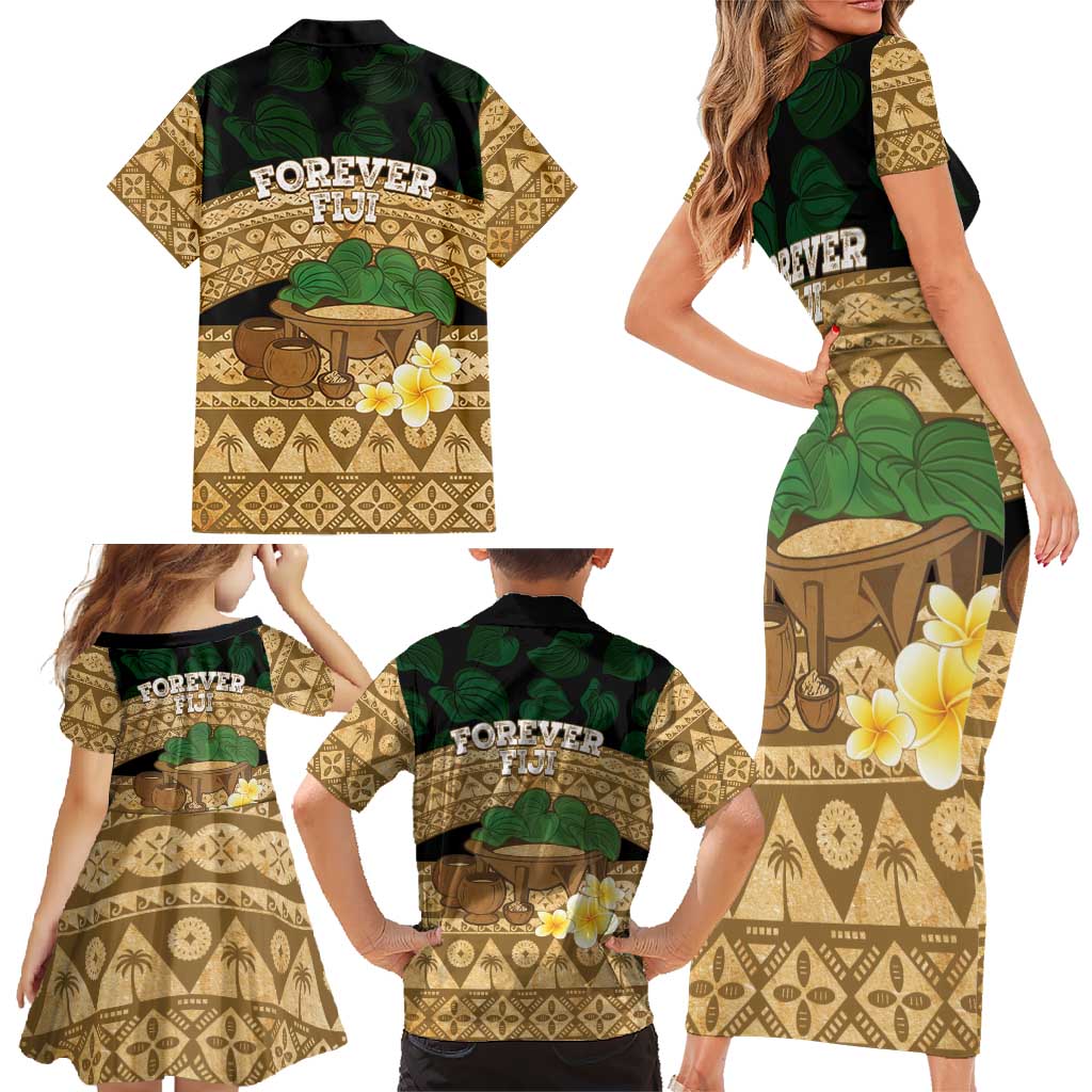 Bula Fiji Kava Bowl Family Matching Short Sleeve Bodycon Dress and Hawaiian Shirt Fijian Tapa Cloth Vintage Vibe LT14 - Polynesian Pride
