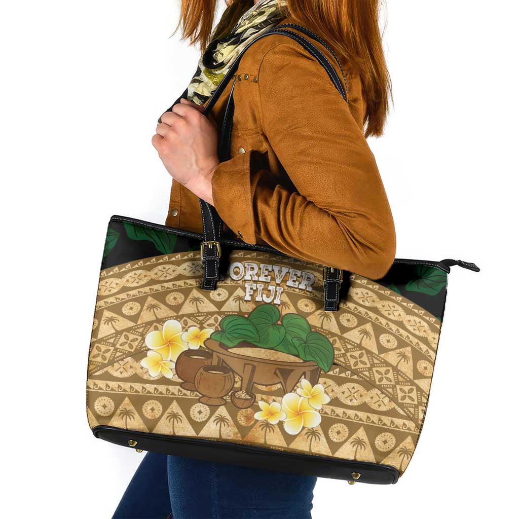 Bula Fiji Kava Bowl Leather Tote Bag Fijian Tapa Cloth Vintage Vibe LT14 Brown - Polynesian Pride