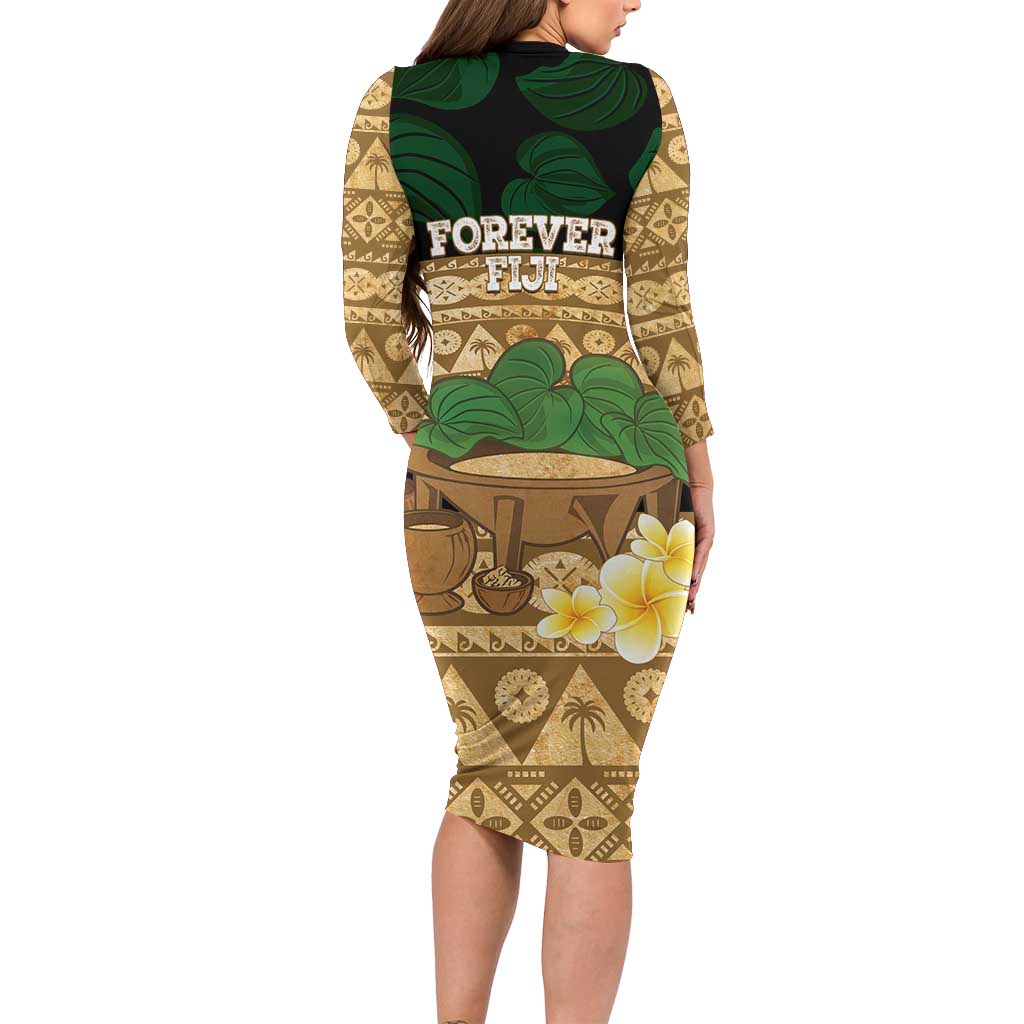 Bula Fiji Kava Bowl Long Sleeve Bodycon Dress Fijian Tapa Cloth Vintage Vibe LT14 - Polynesian Pride