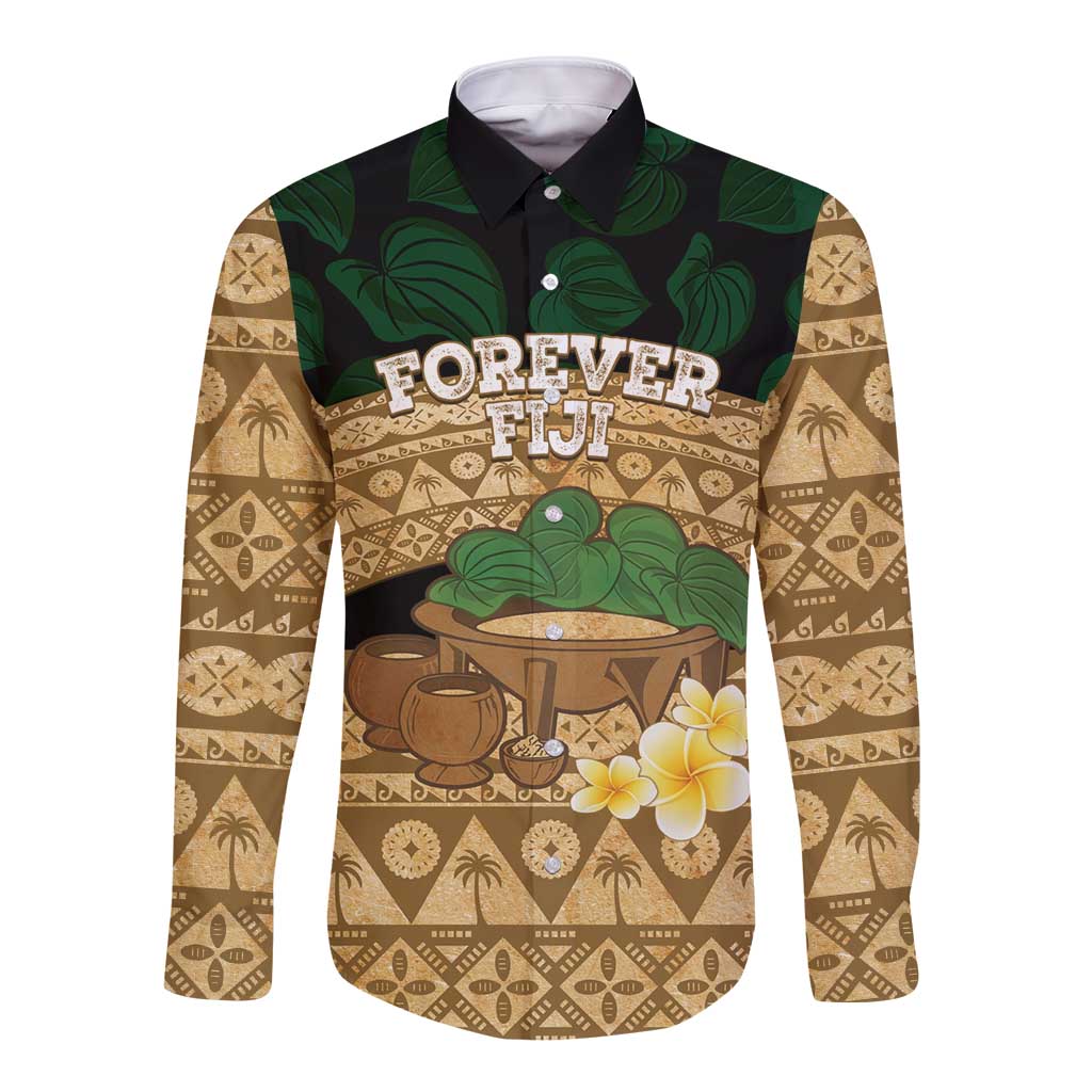 Bula Fiji Kava Bowl Long Sleeve Button Shirt Fijian Tapa Cloth Vintage Vibe LT14 Unisex Brown - Polynesian Pride