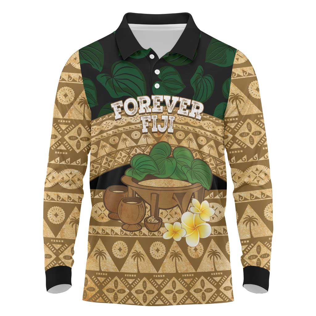 Bula Fiji Kava Bowl Long Sleeve Polo Shirt Fijian Tapa Cloth Vintage Vibe LT14 Brown - Polynesian Pride