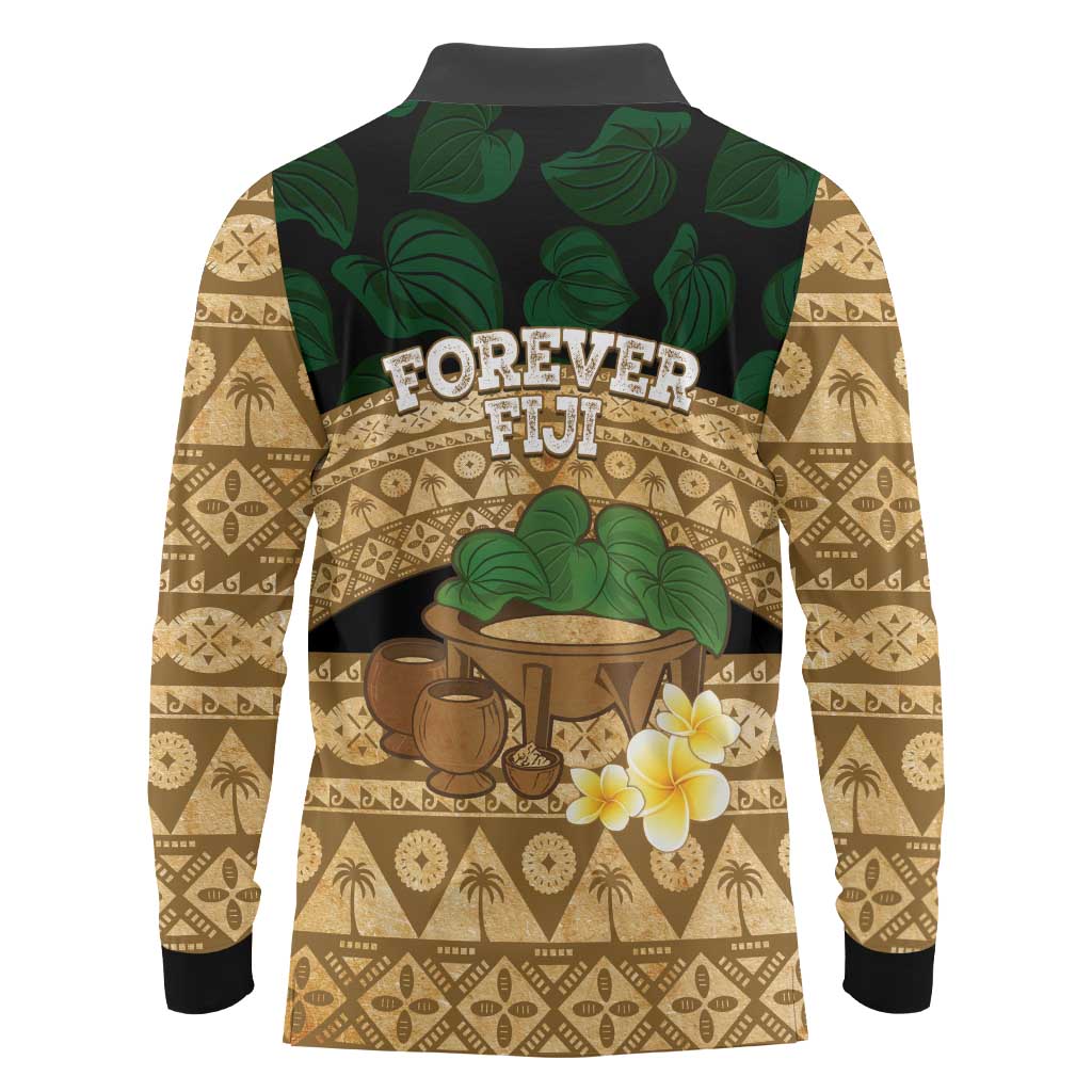 Bula Fiji Kava Bowl Long Sleeve Polo Shirt Fijian Tapa Cloth Vintage Vibe LT14 - Polynesian Pride