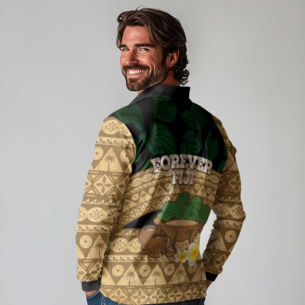 Bula Fiji Kava Bowl Long Sleeve Polo Shirt Fijian Tapa Cloth Vintage Vibe LT14 - Polynesian Pride