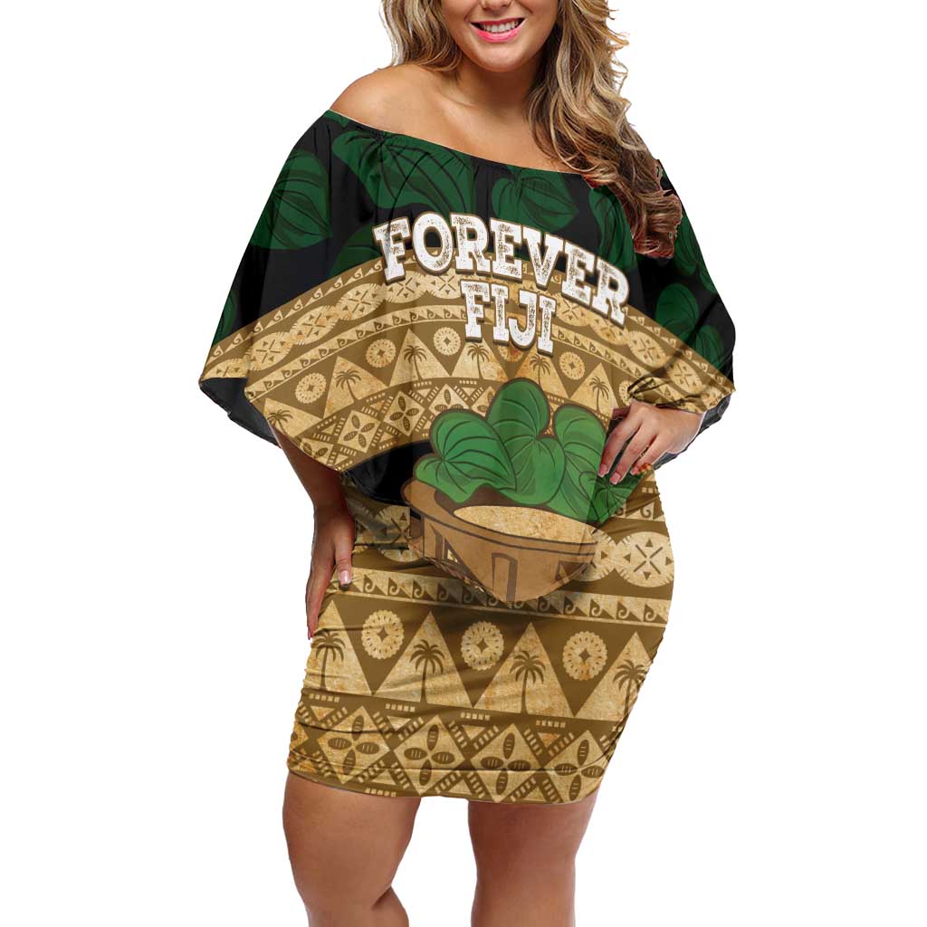 Bula Fiji Kava Bowl Off Shoulder Short Dress Fijian Tapa Cloth Vintage Vibe