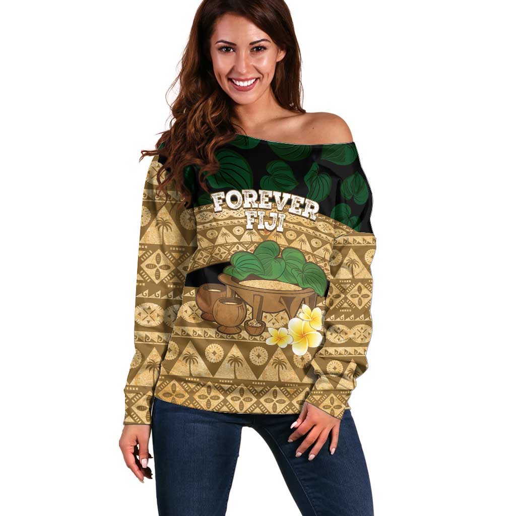 Bula Fiji Kava Bowl Off Shoulder Sweater Fijian Tapa Cloth Vintage Vibe LT14 Women Brown - Polynesian Pride