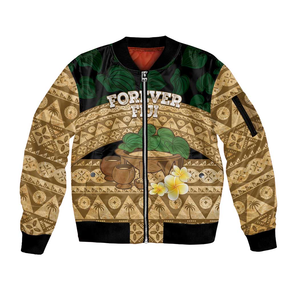 Bula Fiji Kava Bowl Sleeve Zip Bomber Jacket Fijian Tapa Cloth Vintage Vibe LT14 Unisex Brown - Polynesian Pride