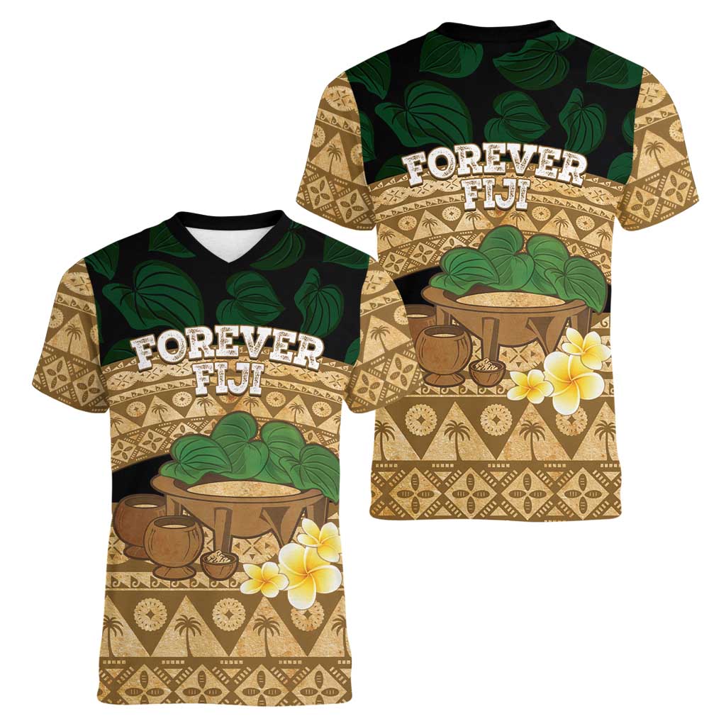 Bula Fiji Kava Bowl Women V-Neck T-Shirt Fijian Tapa Cloth Vintage Vibe LT14 - Polynesian Pride