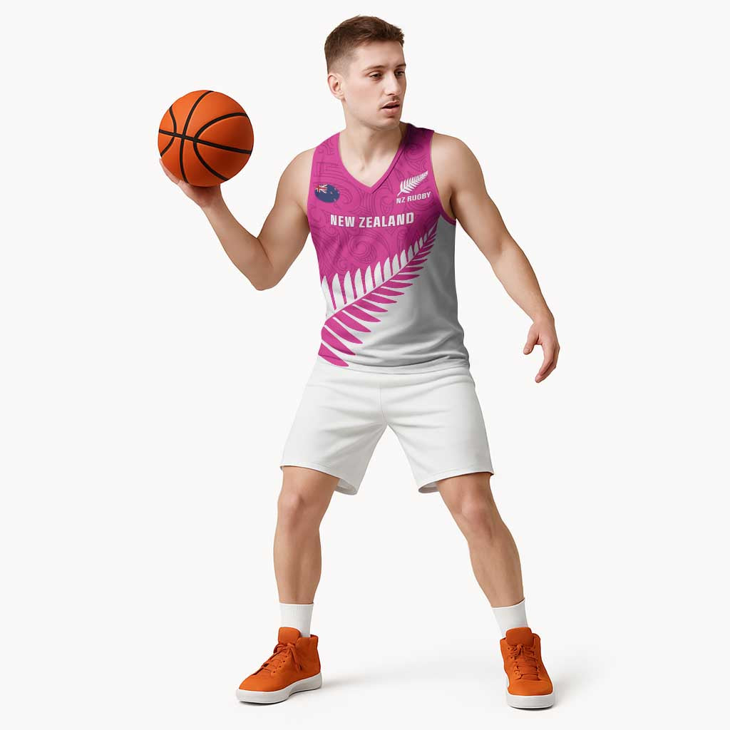 New Zealand Silver Fern Rugby Custom Basketball Jersey Go All Black Maori Pink Version LT14 - Polynesian Pride