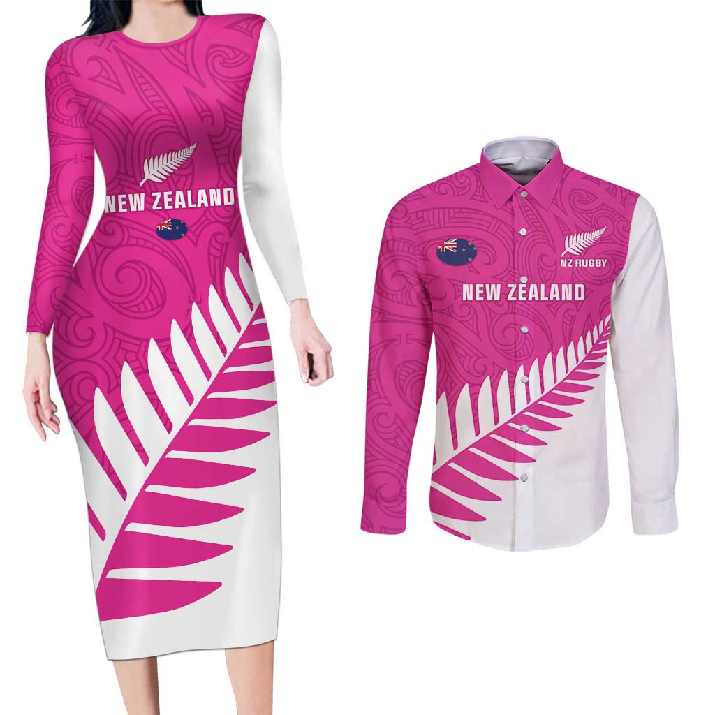 New Zealand Silver Fern Rugby Custom Couples Matching Long Sleeve Bodycon Dress and Long Sleeve Button Shirt Go All Black Maori Pink Version