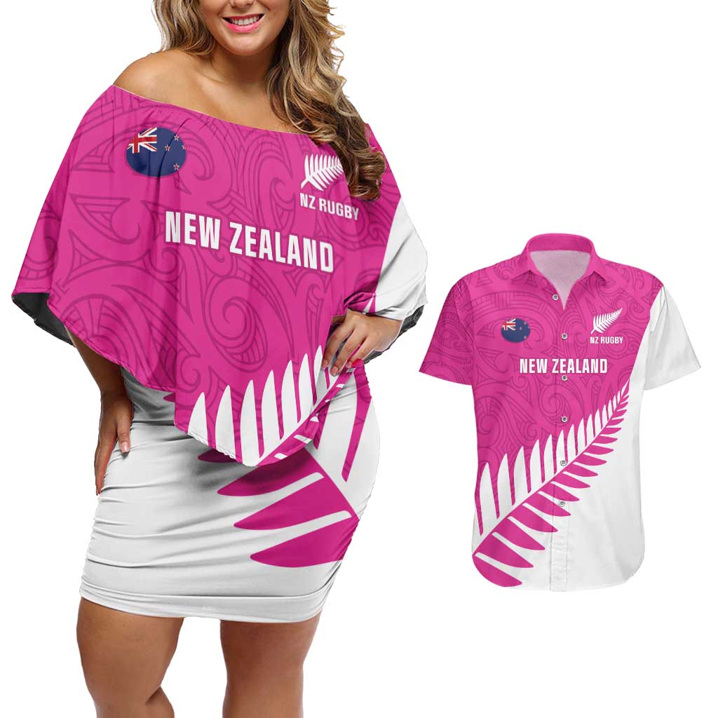 New Zealand Silver Fern Rugby Custom Couples Matching Off Shoulder Short Dress and Hawaiian Shirt Go All Black Maori Pink Version