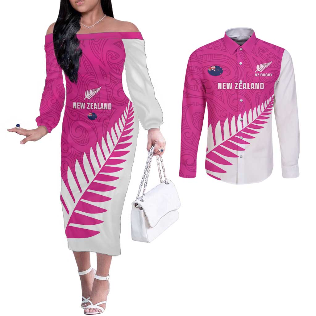 New Zealand Silver Fern Rugby Custom Couples Matching Off The Shoulder Long Sleeve Dress and Long Sleeve Button Shirt Go All Black Maori Pink Version