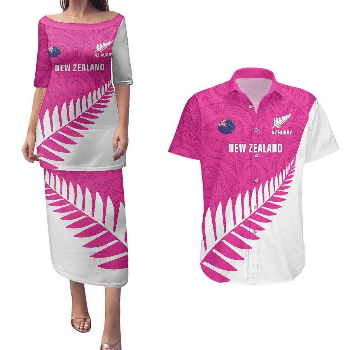 New Zealand Silver Fern Rugby Custom Couples Matching Puletasi and Hawaiian Shirt Go All Black Maori Pink Version