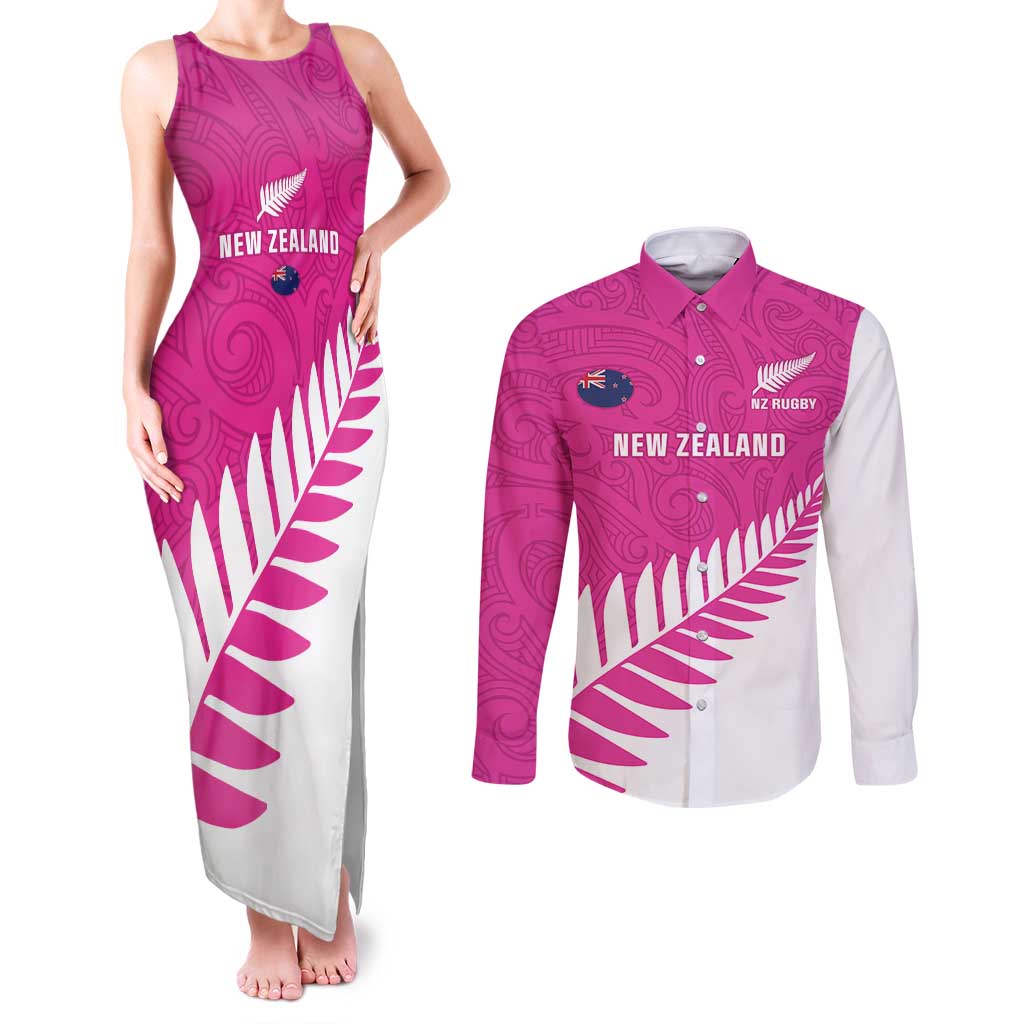 New Zealand Silver Fern Rugby Custom Couples Matching Tank Maxi Dress and Long Sleeve Button Shirt Go All Black Maori Pink Version