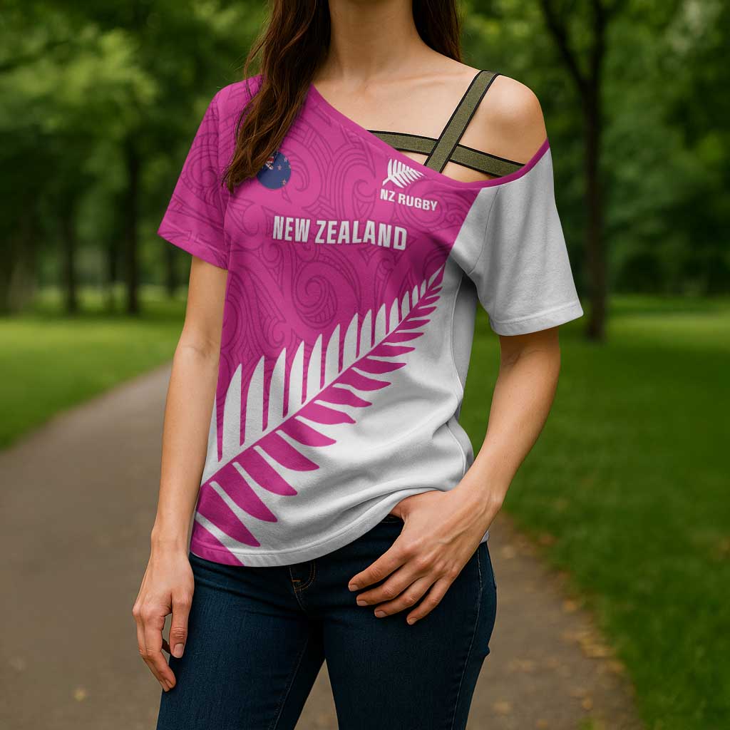 New Zealand Silver Fern Rugby Custom Cross Shoulder Shirt Go All Black Maori Pink Version LT14 - Polynesian Pride
