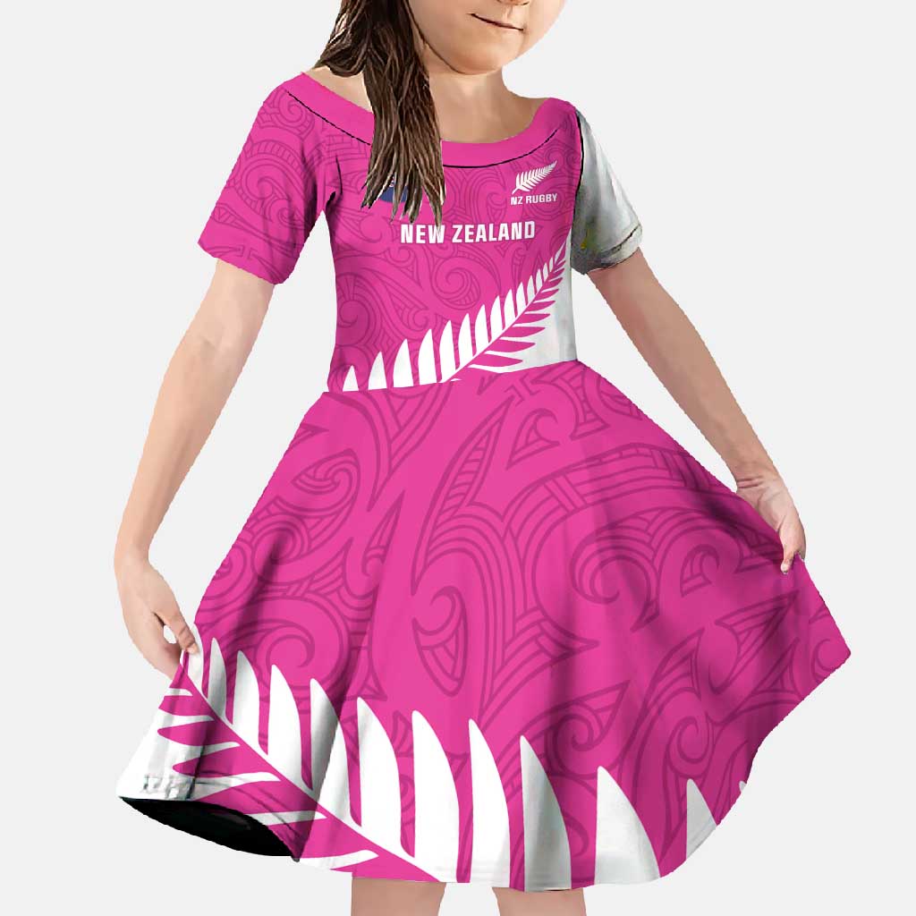 New Zealand Silver Fern Rugby Custom Family Matching Mermaid Dress and Hawaiian Shirt Go All Black Maori Pink Version LT14 Daughter's Dress Pink - Polynesian Pride