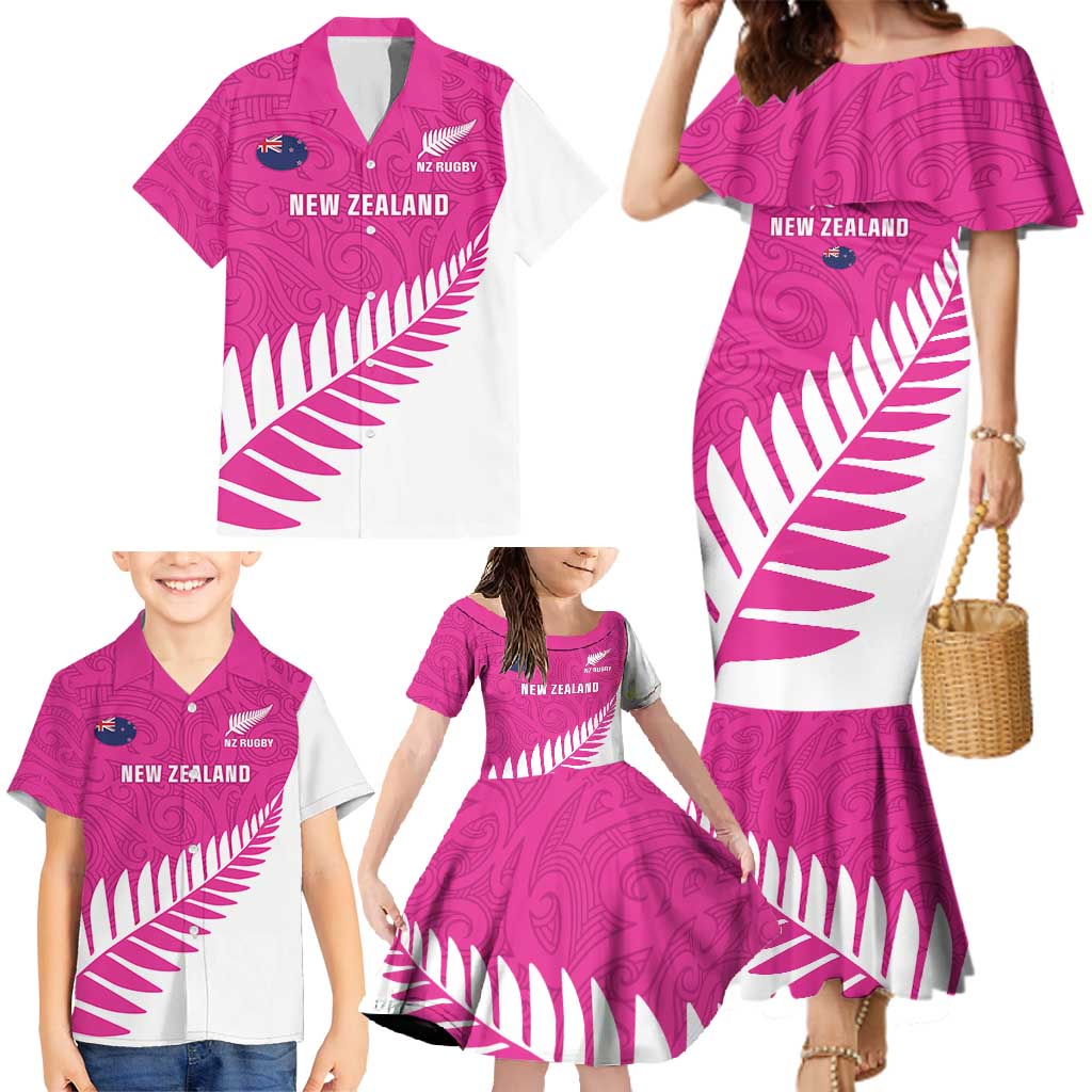 New Zealand Silver Fern Rugby Custom Family Matching Mermaid Dress and Hawaiian Shirt Go All Black Maori Pink Version LT14 - Polynesian Pride