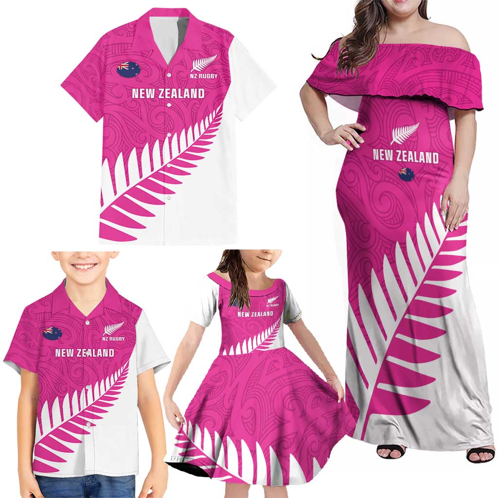New Zealand Silver Fern Rugby Custom Family Matching Off Shoulder Maxi Dress and Hawaiian Shirt Go All Black Maori Pink Version LT14 - Polynesian Pride