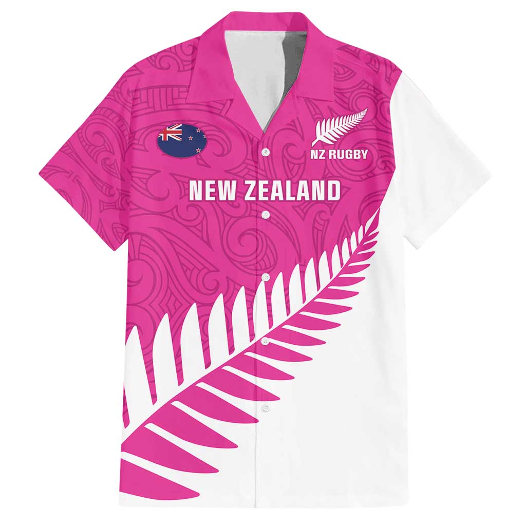 New Zealand Silver Fern Rugby Custom Family Matching Off Shoulder Maxi Dress and Hawaiian Shirt Go All Black Maori Pink Version LT14 Dad's Shirt - Short Sleeve Pink - Polynesian Pride
