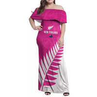 New Zealand Silver Fern Rugby Custom Family Matching Off Shoulder Maxi Dress and Hawaiian Shirt Go All Black Maori Pink Version LT14 Mom's Dress Pink - Polynesian Pride