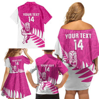 New Zealand Silver Fern Rugby Custom Family Matching Off Shoulder Short Dress and Hawaiian Shirt Go All Black Maori Pink Version