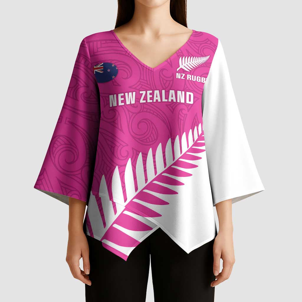 New Zealand Silver Fern Rugby Custom Kimono Sleeve Blouse Go All Black Maori Pink Version LT14 - Polynesian Pride