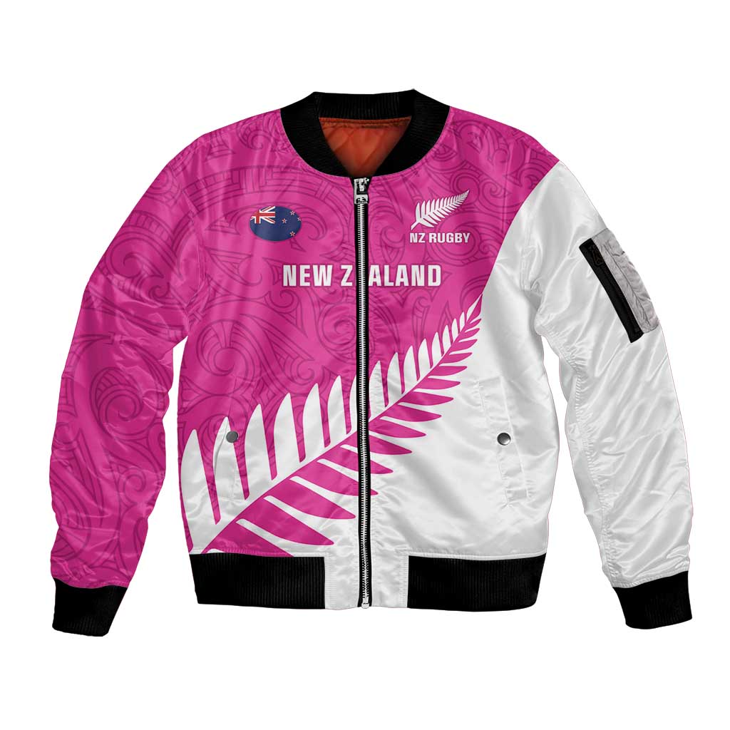 New Zealand Silver Fern Rugby Custom Sleeve Zip Bomber Jacket Go All Black Maori Pink Version