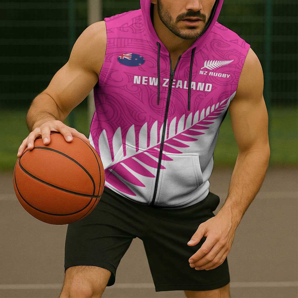 New Zealand Silver Fern Rugby Custom Sleeveless Zip Hoodie Go All Black Maori Pink Version LT14 - Polynesian Pride