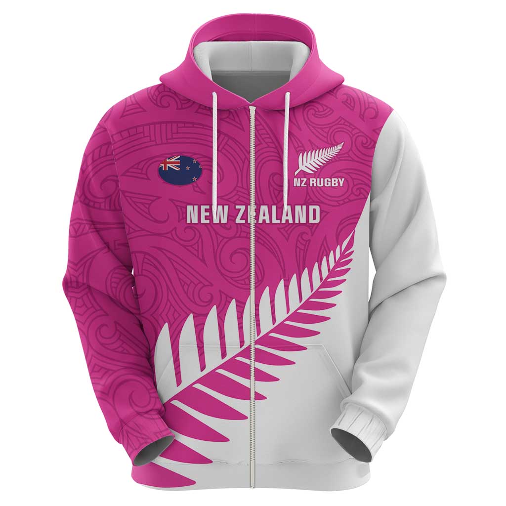 New Zealand Silver Fern Rugby Custom Zip Hoodie Go All Black Maori Pink Version