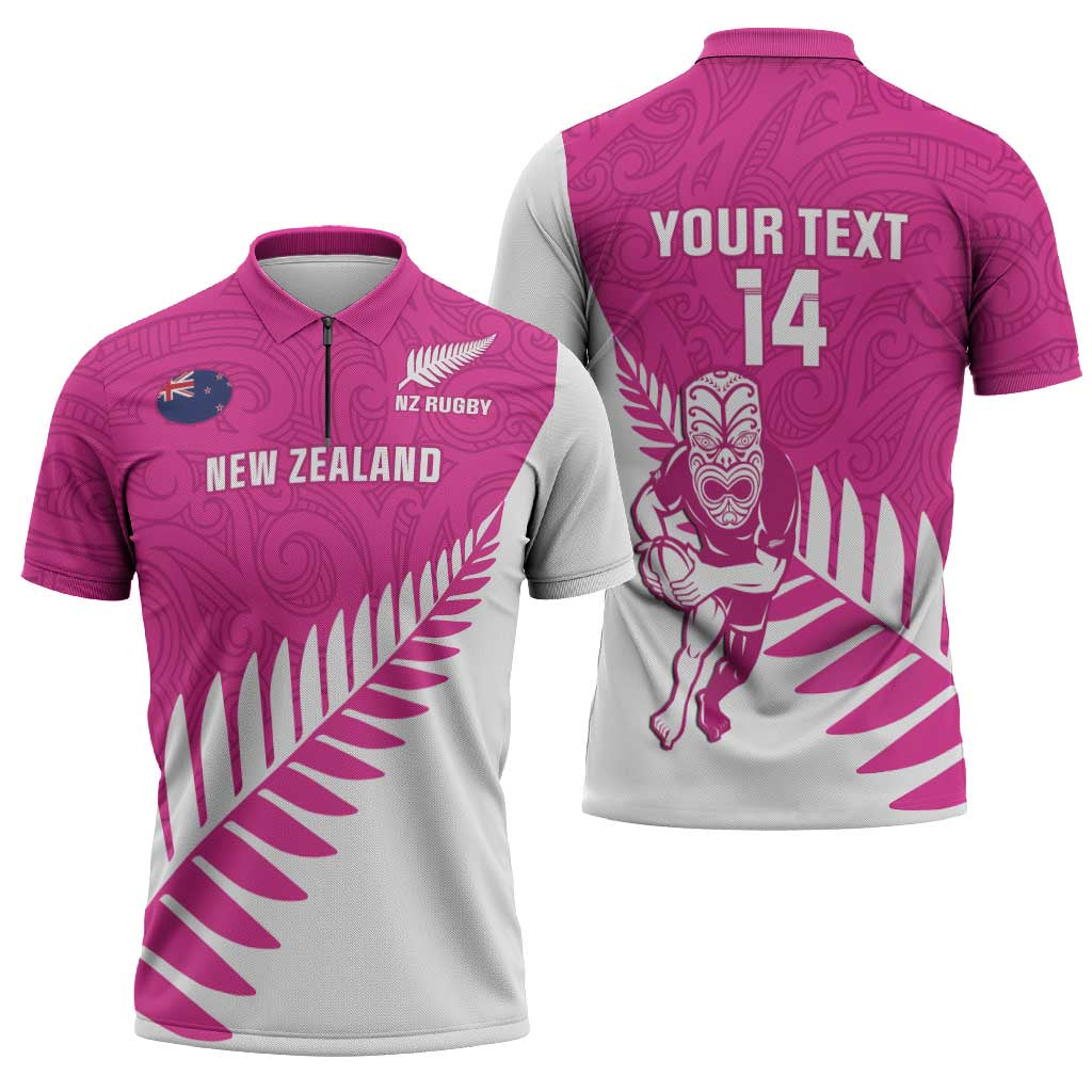New Zealand Silver Fern Rugby Custom Zipper Polo Shirt Go All Black Maori Pink Version LT14 - Polynesian Pride