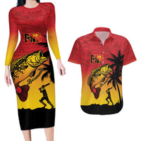 Custom Papua New Guinea Cricket Couples Matching Long Sleeve Bodycon Dress and Hawaiian Shirt PNG Barramundis - Polynesian Pride