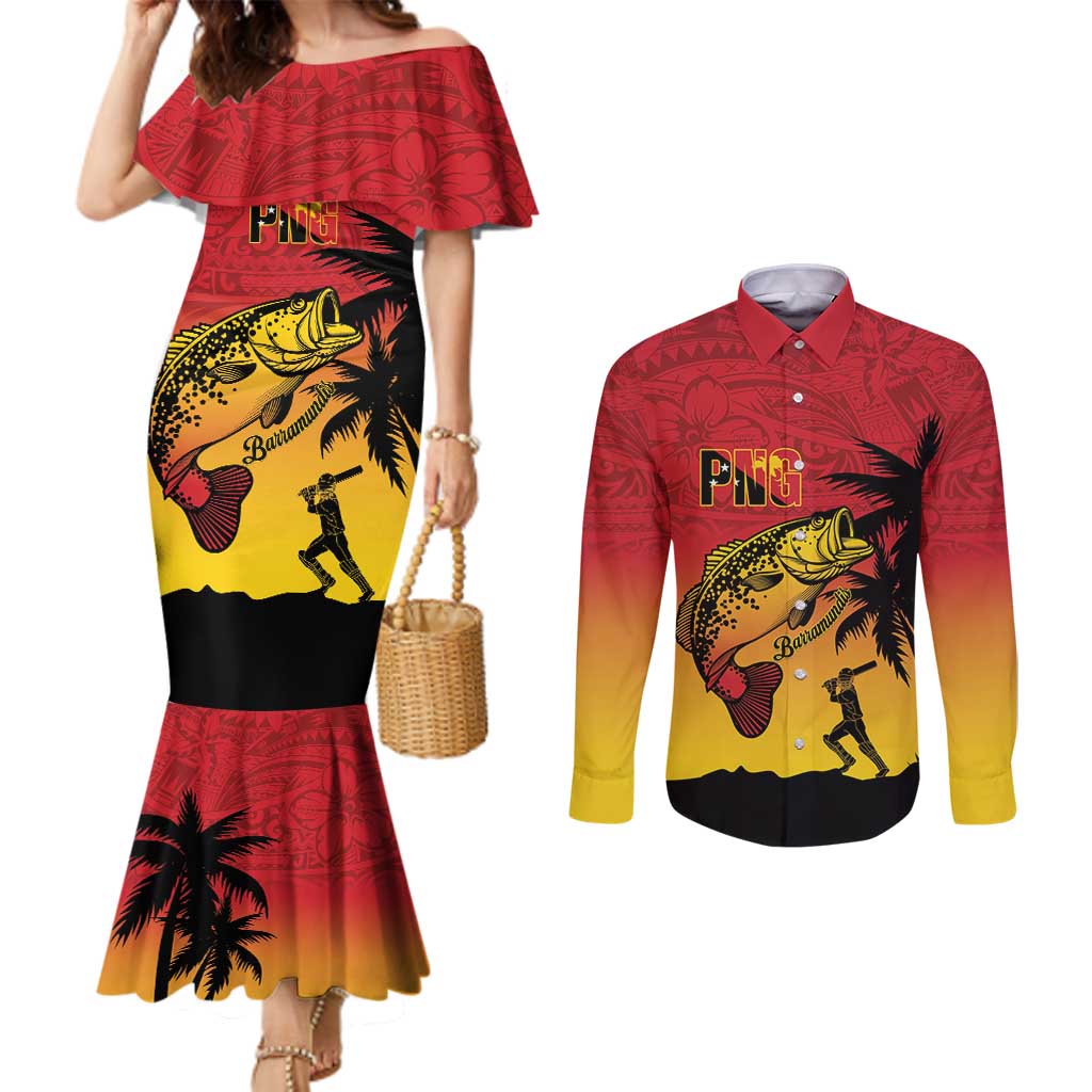 Custom Papua New Guinea Cricket Couples Matching Mermaid Dress and Long Sleeve Button Shirt PNG Barramundis - Polynesian Pride