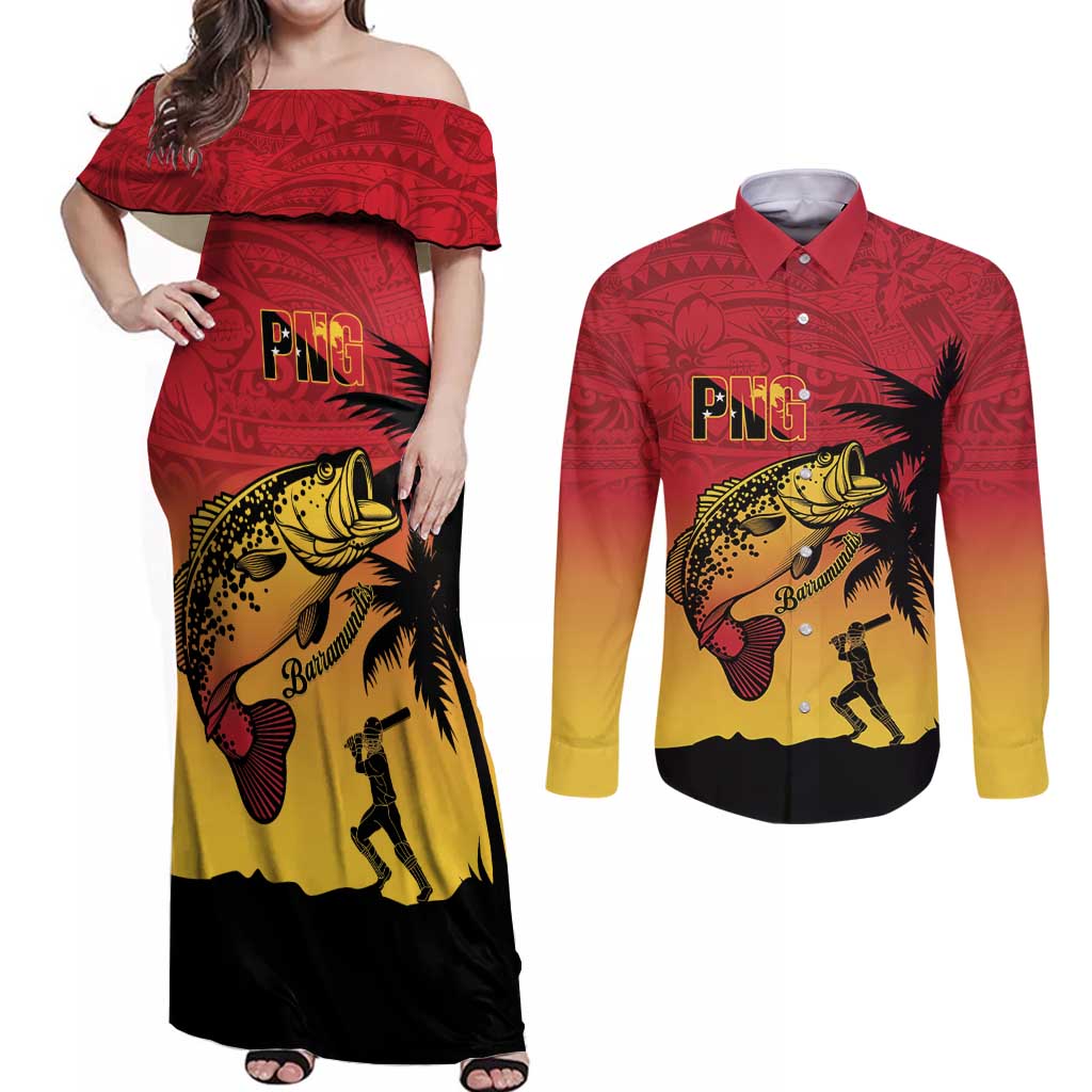 Custom Papua New Guinea Cricket Couples Matching Off Shoulder Maxi Dress and Long Sleeve Button Shirt PNG Barramundis LT14 Red - Polynesian Pride