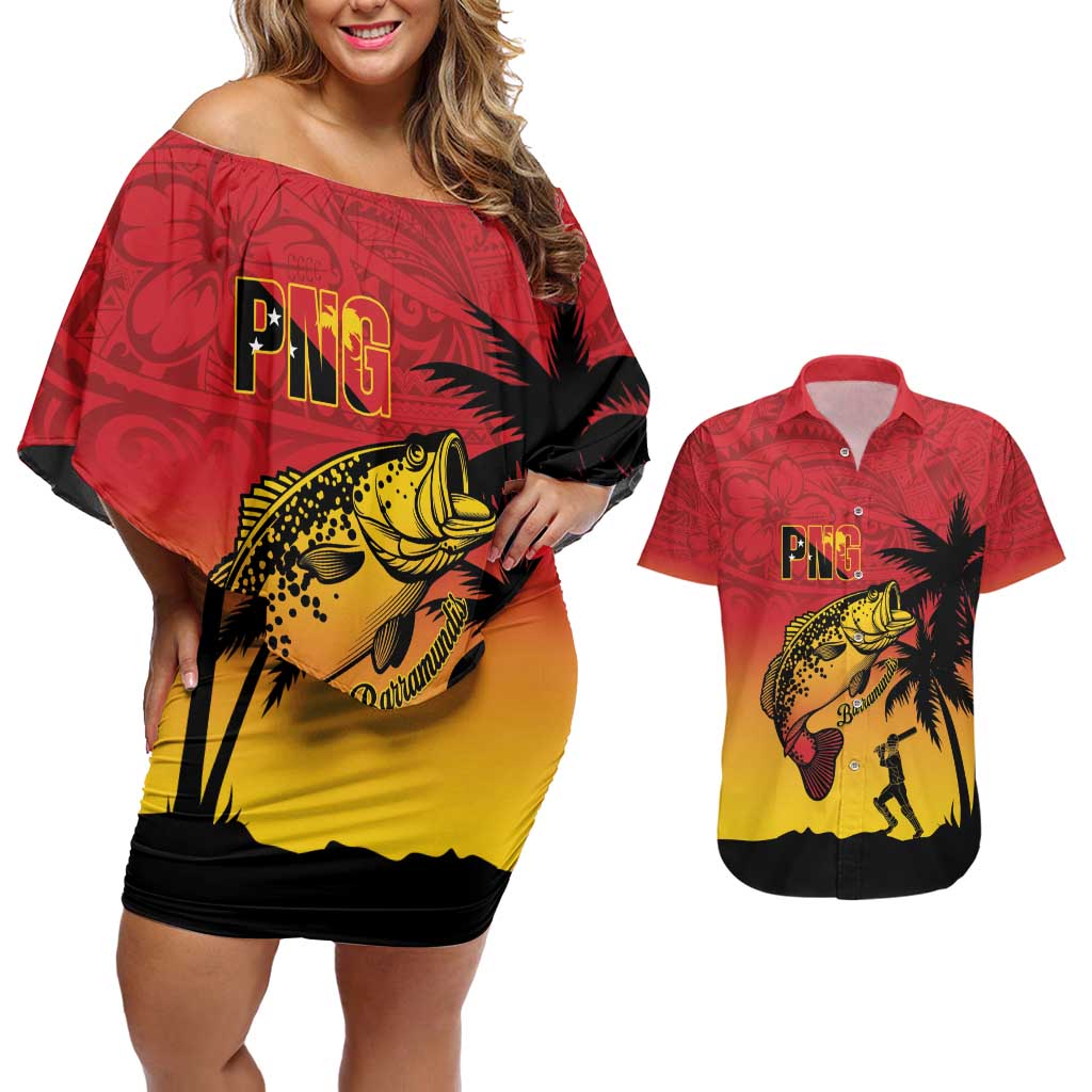 Custom Papua New Guinea Cricket Couples Matching Off Shoulder Short Dress and Hawaiian Shirt PNG Barramundis LT14 Red - Polynesian Pride
