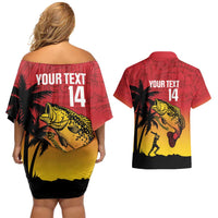 Custom Papua New Guinea Cricket Couples Matching Off Shoulder Short Dress and Hawaiian Shirt PNG Barramundis LT14 - Polynesian Pride