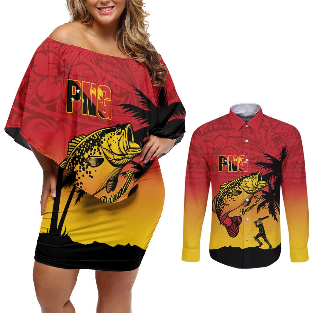 Custom Papua New Guinea Cricket Couples Matching Off Shoulder Short Dress and Long Sleeve Button Shirt PNG Barramundis LT14 Red - Polynesian Pride
