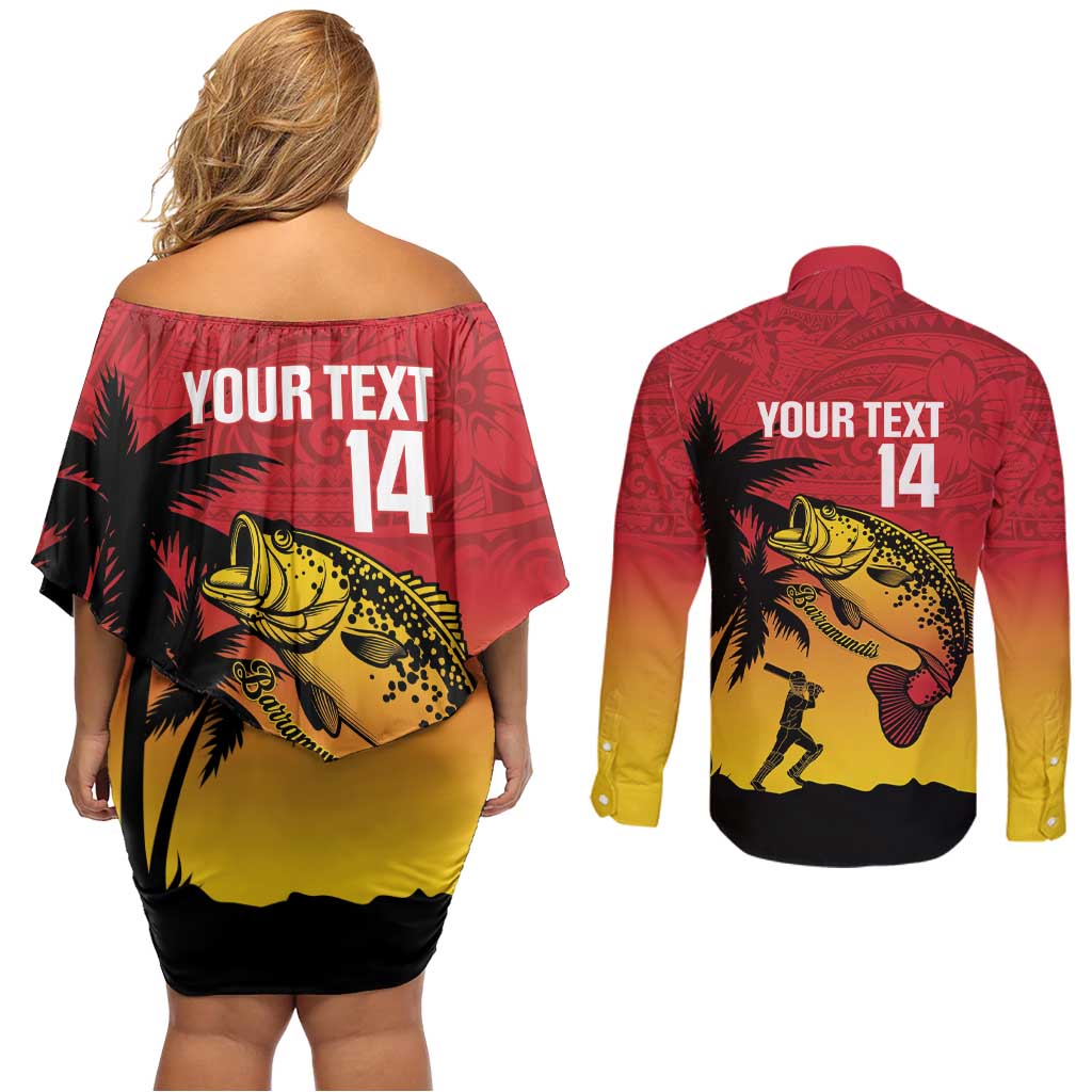 Custom Papua New Guinea Cricket Couples Matching Off Shoulder Short Dress and Long Sleeve Button Shirt PNG Barramundis LT14 - Polynesian Pride