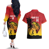 Custom Papua New Guinea Cricket Couples Matching Off The Shoulder Long Sleeve Dress and Hawaiian Shirt PNG Barramundis LT14 - Polynesian Pride