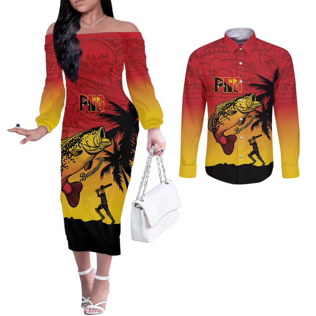 Custom Papua New Guinea Cricket Couples Matching Off The Shoulder Long Sleeve Dress and Long Sleeve Button Shirt PNG Barramundis - Polynesian Pride