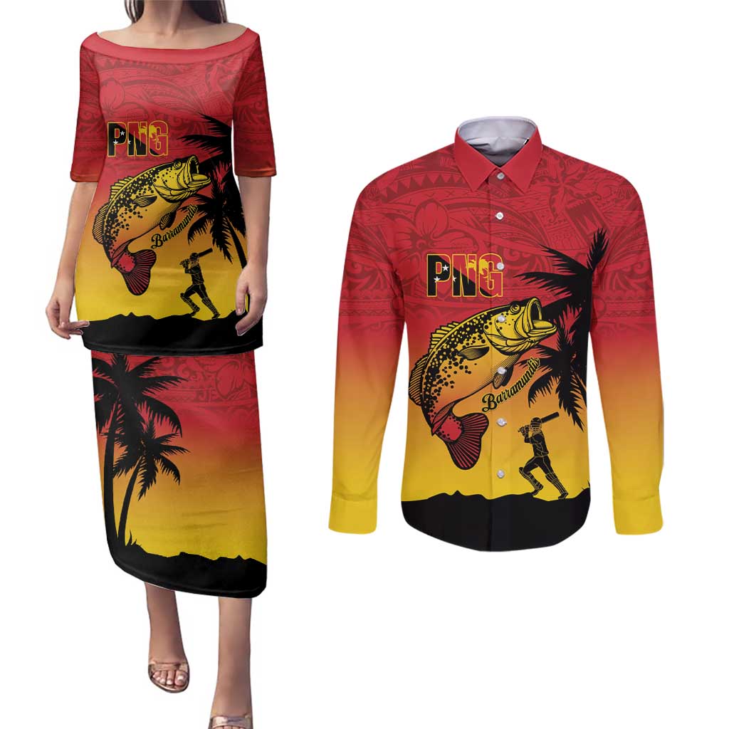 Custom Papua New Guinea Cricket Couples Matching Puletasi and Long Sleeve Button Shirt PNG Barramundis - Polynesian Pride