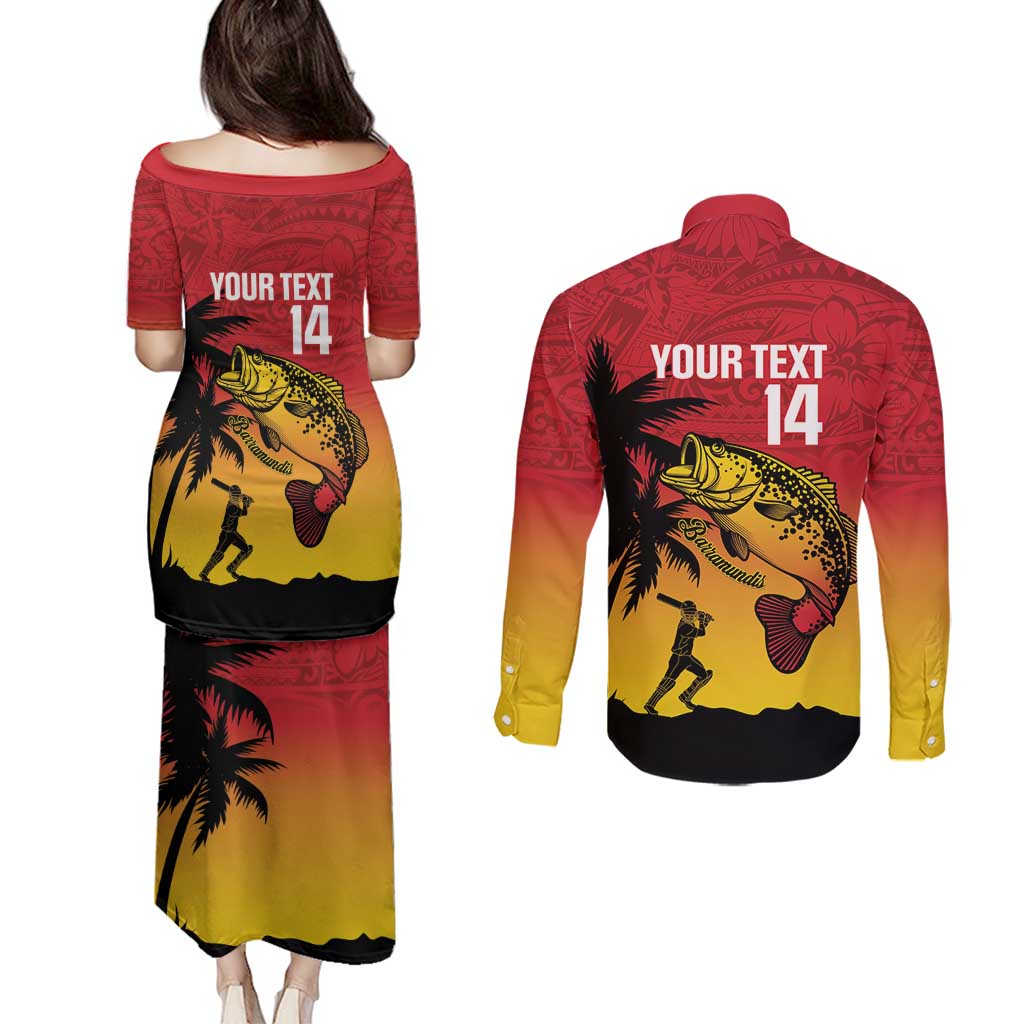 Custom Papua New Guinea Cricket Couples Matching Puletasi and Long Sleeve Button Shirt PNG Barramundis - Polynesian Pride
