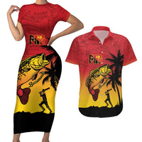 Custom Papua New Guinea Cricket Couples Matching Short Sleeve Bodycon Dress and Hawaiian Shirt PNG Barramundis - Polynesian Pride