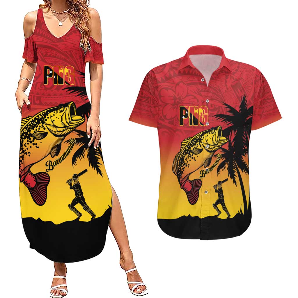 Custom Papua New Guinea Cricket Couples Matching Summer Maxi Dress and Hawaiian Shirt PNG Barramundis - Polynesian Pride